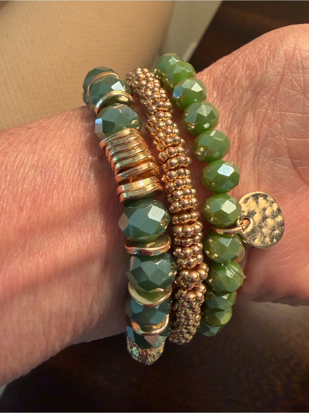 Chico's Green and Gold 3-Piece Beaded Bracelet Stack